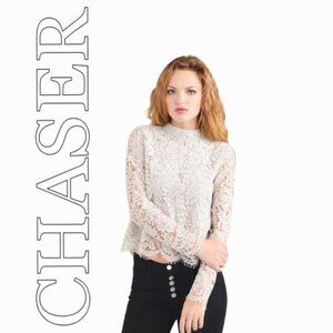 Chaser Lace Mock Neck Blouse Light Gray M NWT